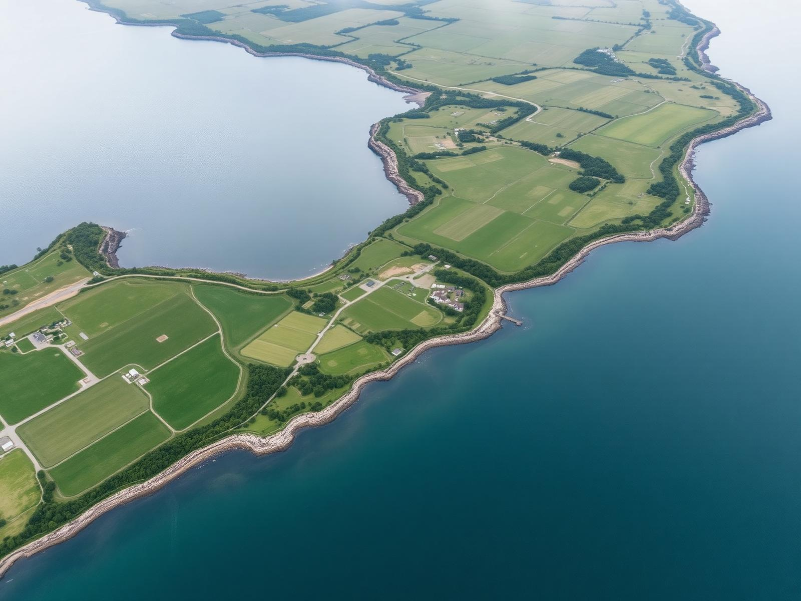 Luftfoto af kystlinje og marker ved Limfjorden