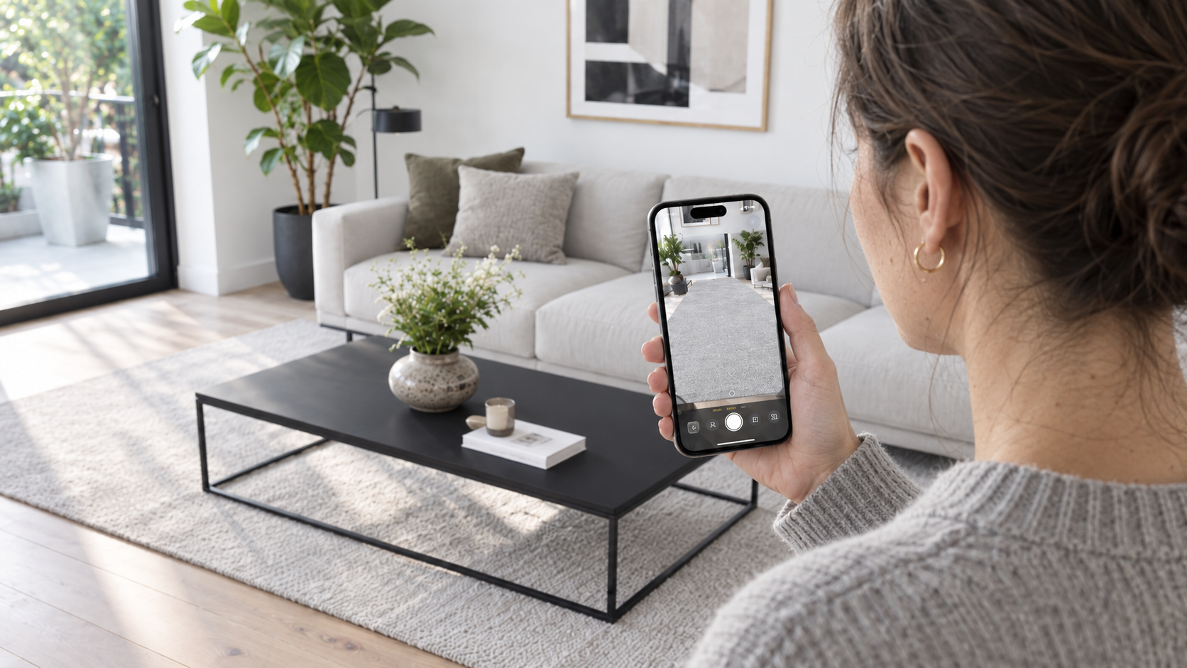 Kvinde fotograferer stuen med sin telefon til AI bordpladedesigneren